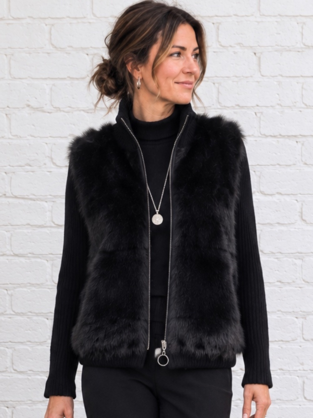 Dex Black Faux Fur Knit Zip Jacket Cardigan Sweater Size L